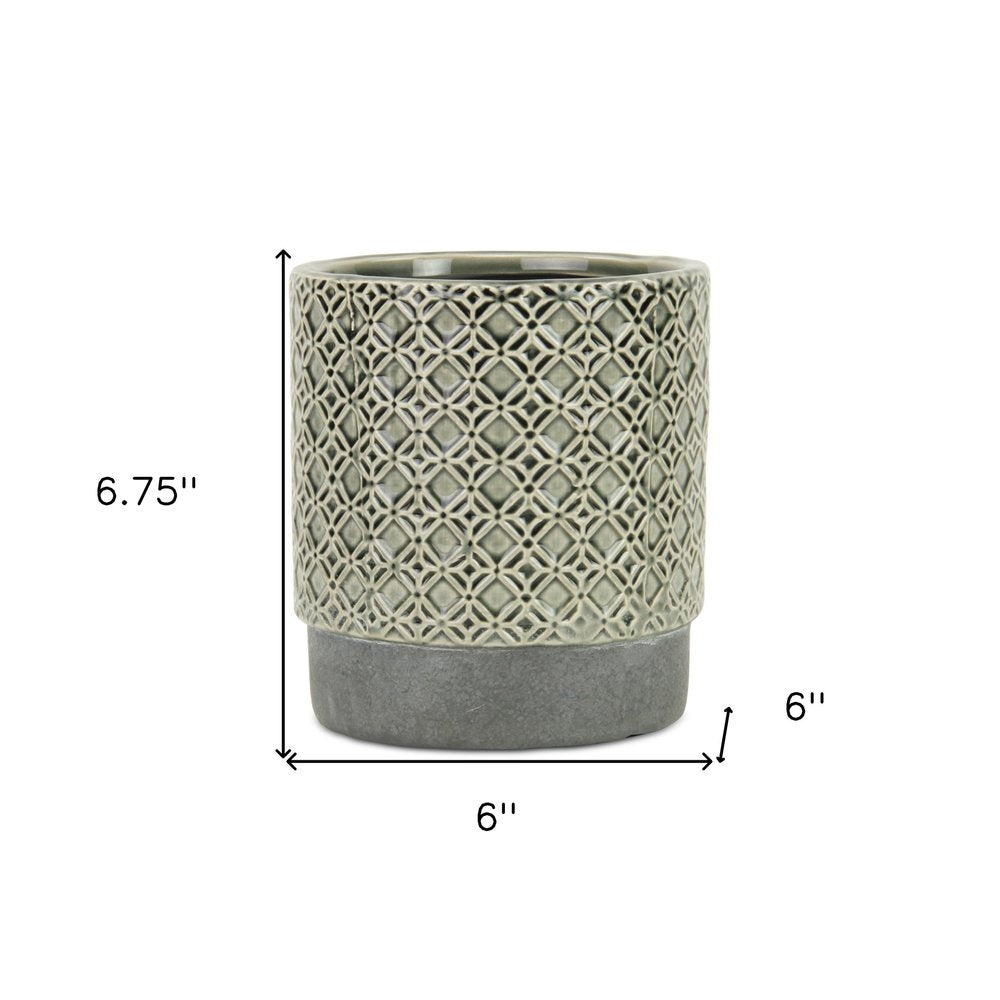 6" Gray Geometric Ceramic Indoor Outdoor Round Pot Planter. Outdoor planter isolated on a plain white background, in a gray ceramic finish.