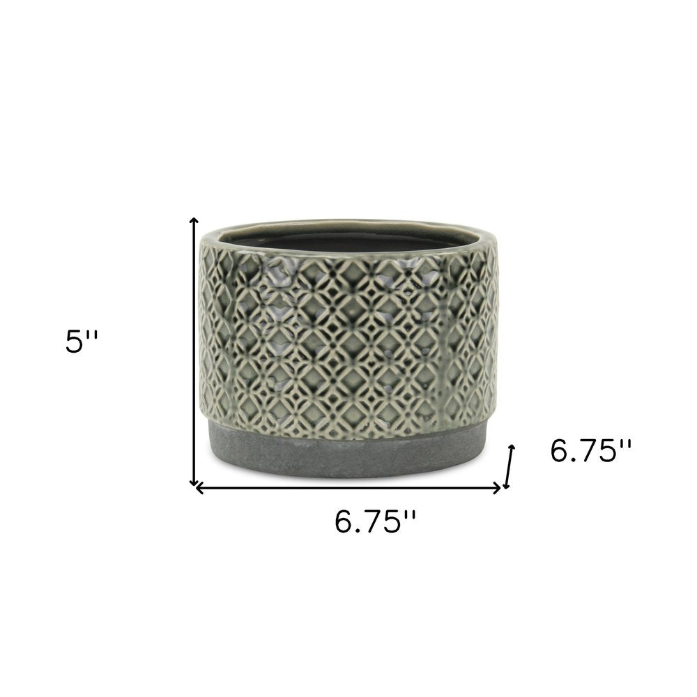 7" Gray Geometric Ceramic Indoor Outdoor Round Pot Planter on a white background