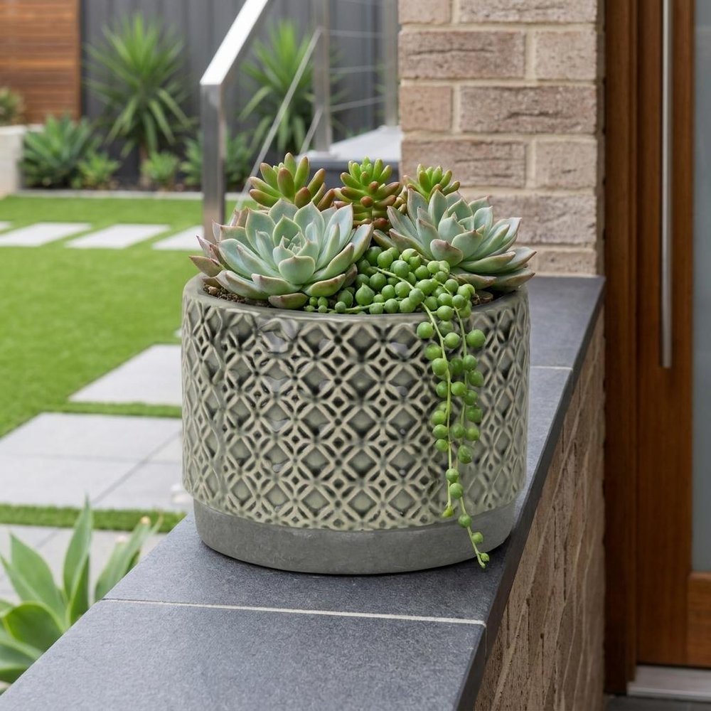 7" Gray Geometric Ceramic Indoor Outdoor Round Pot Planter