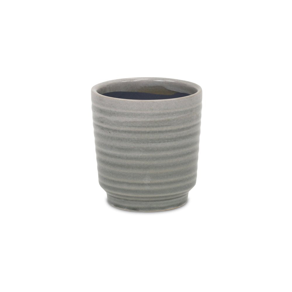 Gray Ceramic 19 Ounce Striped Round Distressed Pot Planter