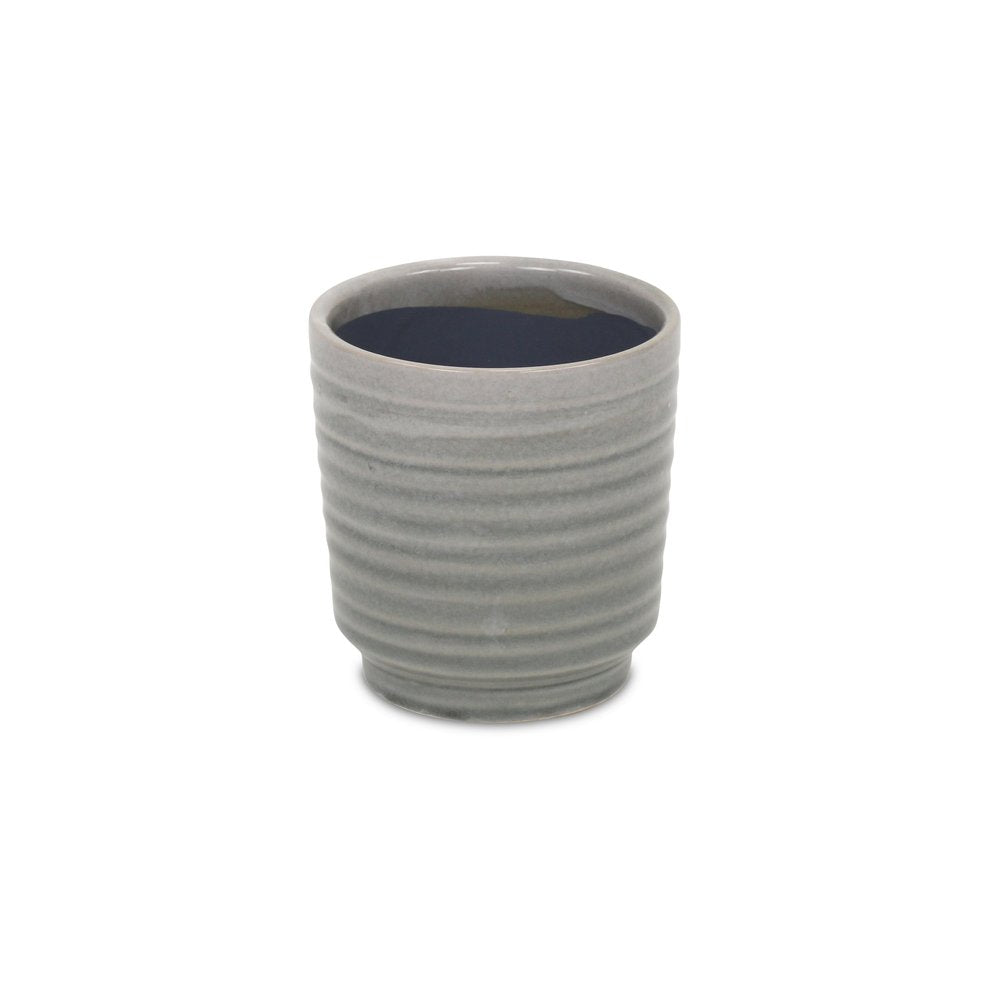 Gray Ceramic 19 Ounce Striped Round Distressed Pot Planter