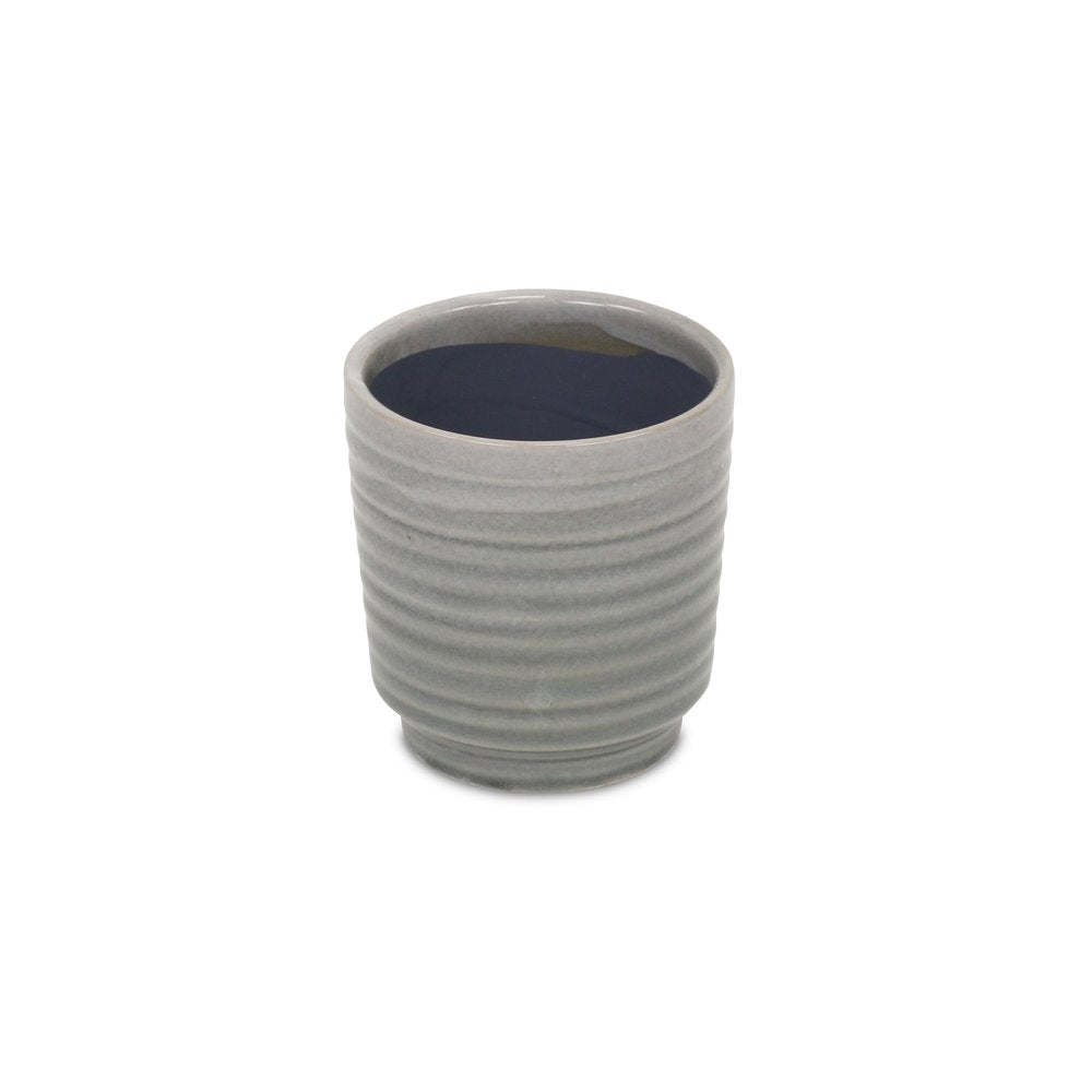 Gray Ceramic 19 Ounce Striped Round Distressed Pot Planter