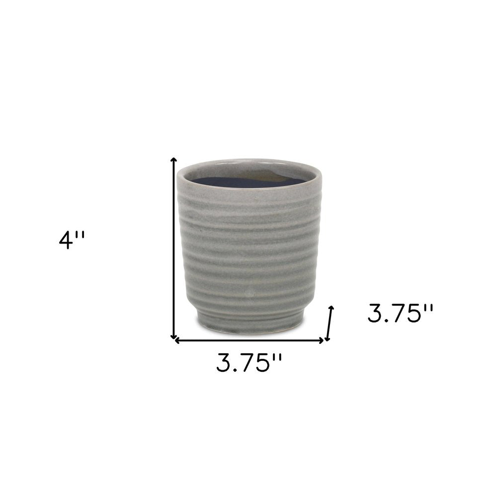 Gray Ceramic 19 Ounce Striped Round Distressed Pot Planter