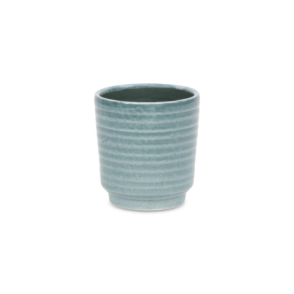 Green Ceramic 15 Ounce Striped Round Distressed Pot Planter