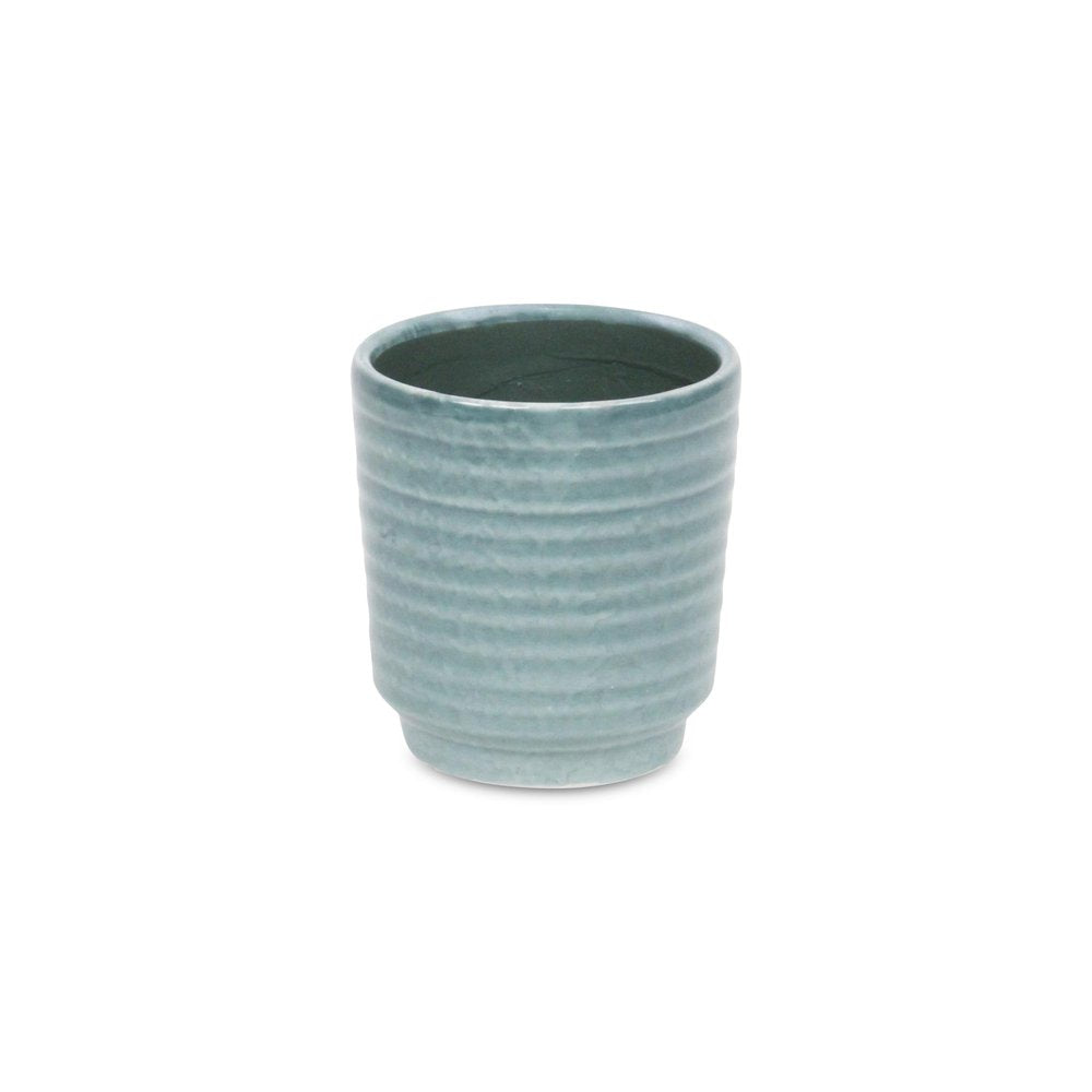 Green Ceramic 15 Ounce Striped Round Distressed Pot Planter on a white background