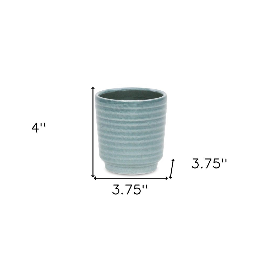 Green Ceramic 15 Ounce Striped Round Distressed Pot Planter