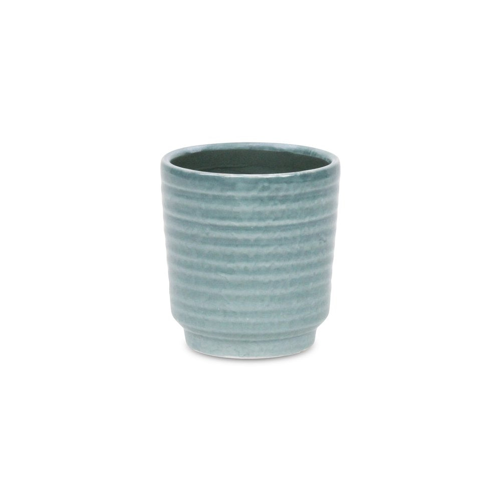 Green Ceramic 15 Ounce Striped Round Distressed Pot Planter on a white background