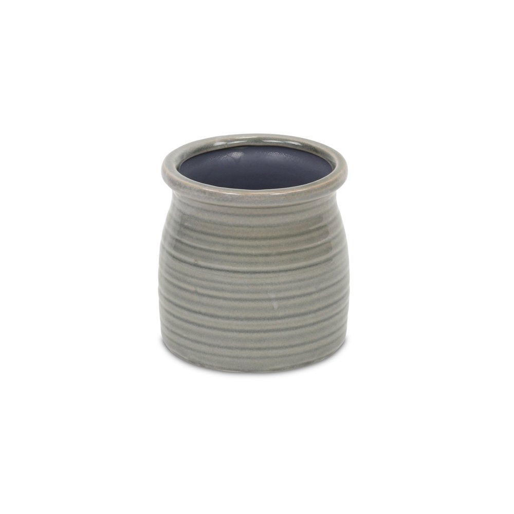 Gray Ceramic 15 Ounce Striped Round Distressed Pot Planter