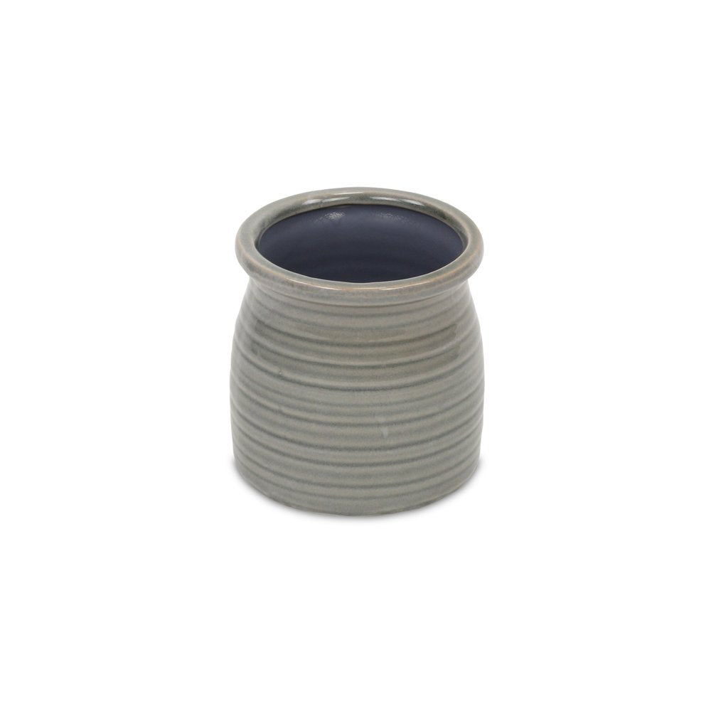 Gray Ceramic 15 Ounce Striped Round Distressed Pot Planter
