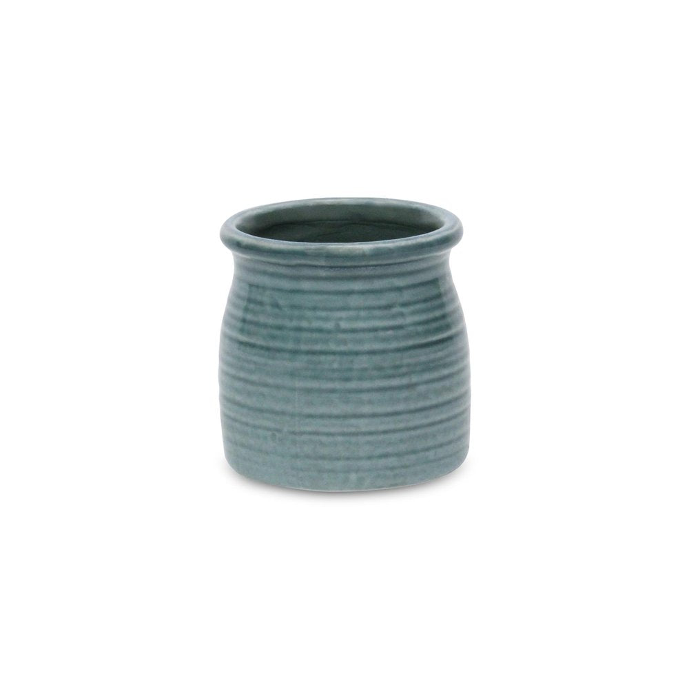 Green Ceramic 12 Ounce Striped Round Distressed Pot Planter on a white background