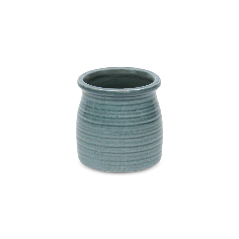 Green Ceramic 12 Ounce Striped Round Distressed Pot Planter on a white background