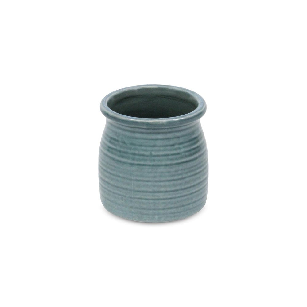 Green Ceramic 12 Ounce Striped Round Distressed Pot Planter on a white background