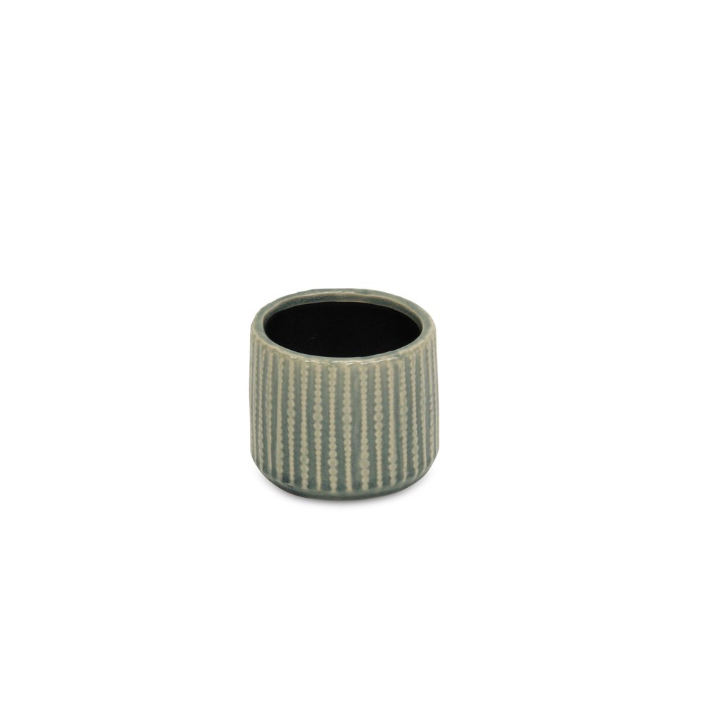 Beige And Green Ceramic 12 Ounce Striped Round Distressed Pot Planter