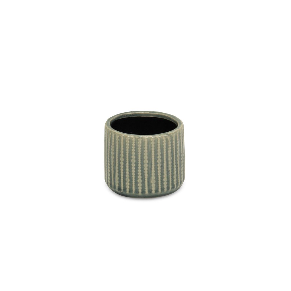 Beige And Green Ceramic 12 Ounce Striped Round Distressed Pot Planter on a white background