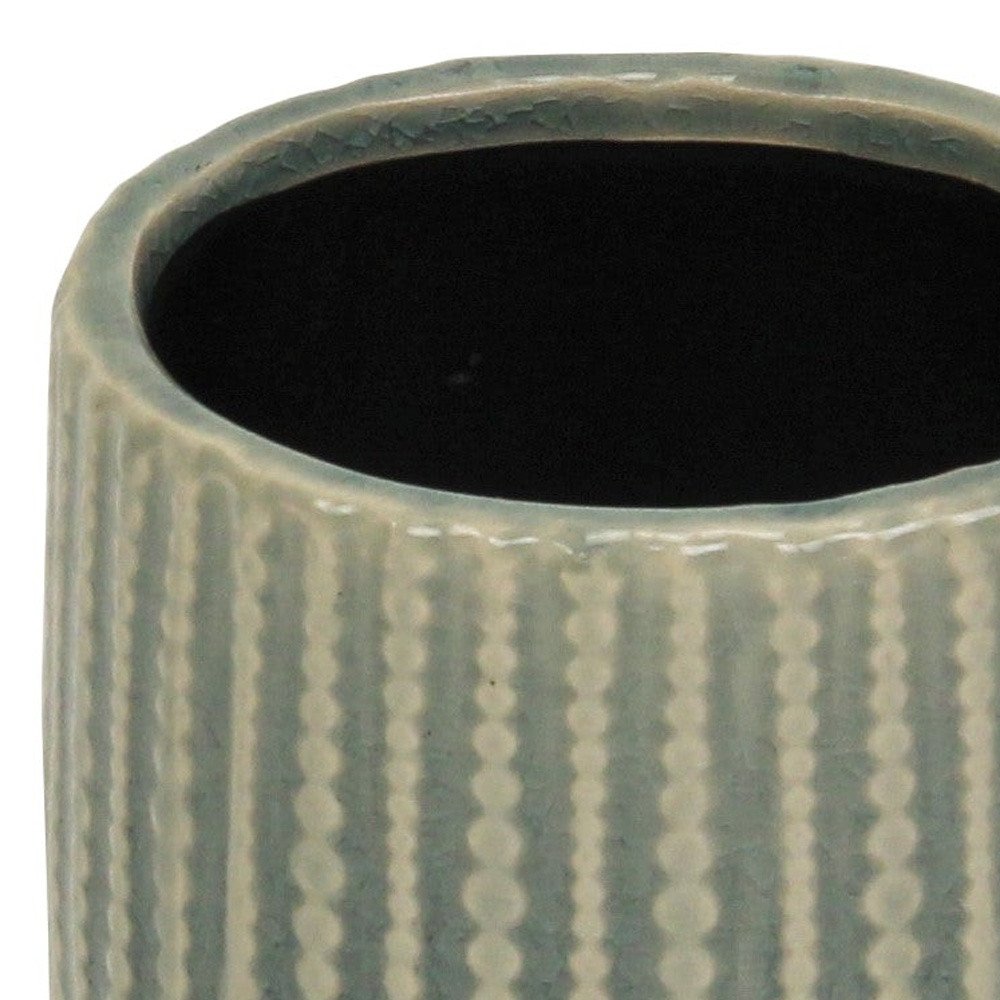 Beige And Green Ceramic 12 Ounce Striped Round Distressed Pot Planter