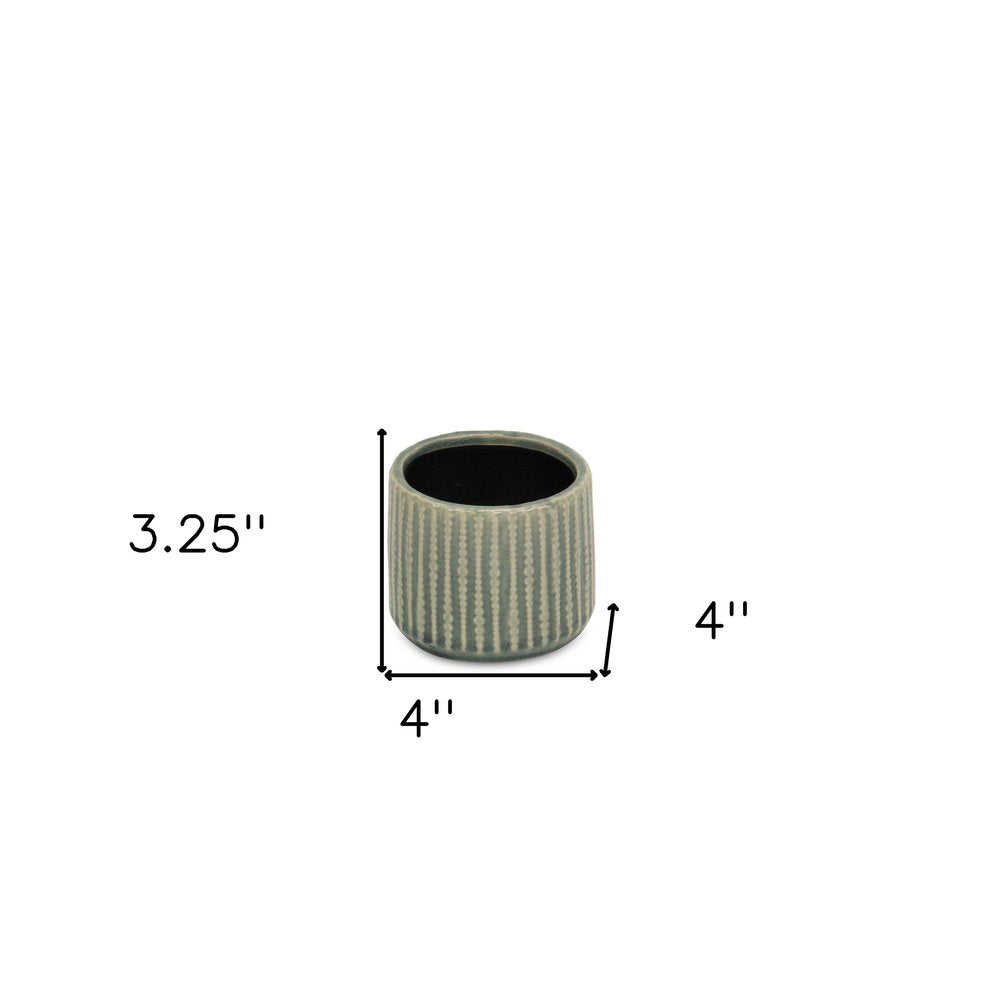 Beige And Green Ceramic 12 Ounce Striped Round Distressed Pot Planter