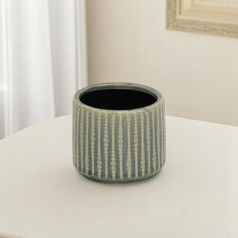 Beige And Green Ceramic 12 Ounce Striped Round Distressed Pot Planter