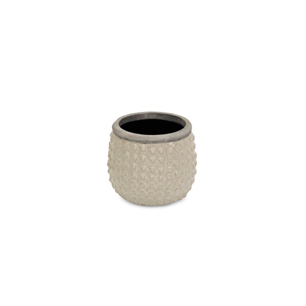 Beige And Gray Ceramic 12 Ounce Dotted Round Distressed Pot Planter on a white background