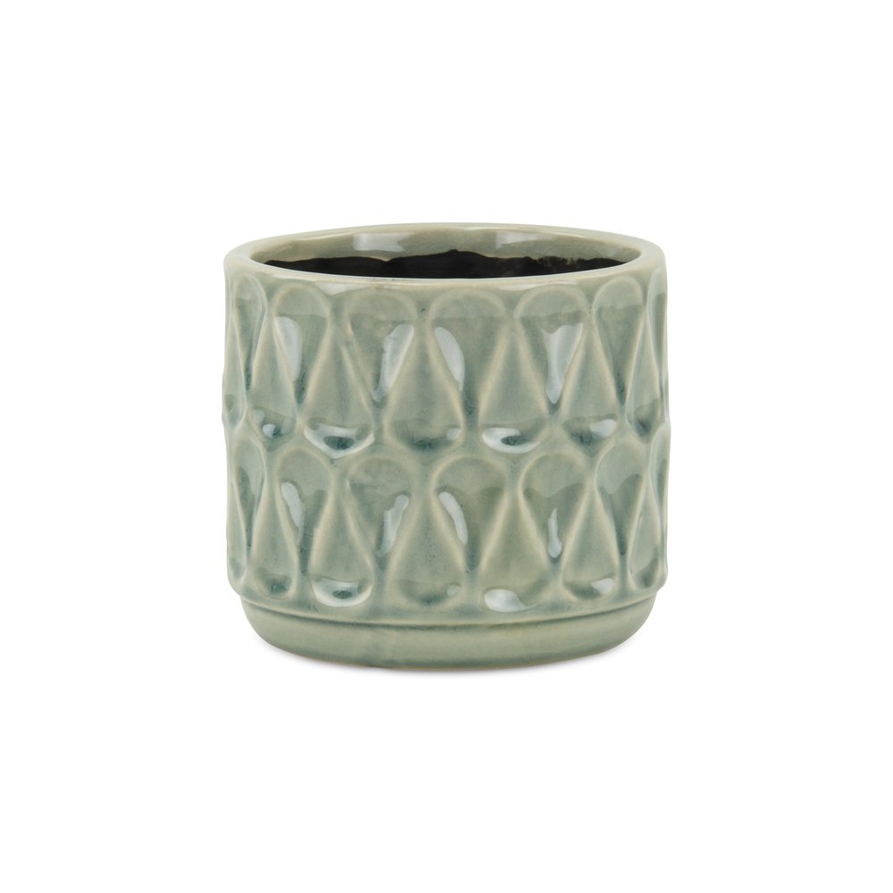 Green Ceramic 10 Ounce Geometric Round Distressed Pot Planter on a white background