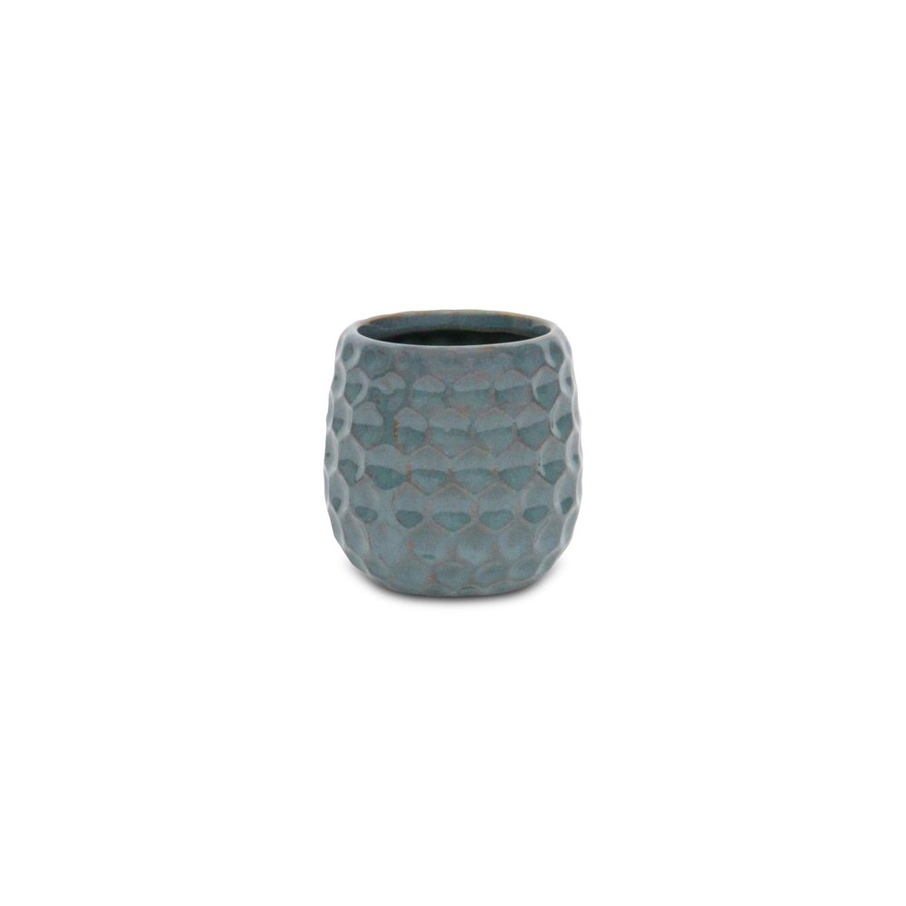 Blue And Gold Ceramic 20 Ounce Geometric Round Distressed Pot Planter