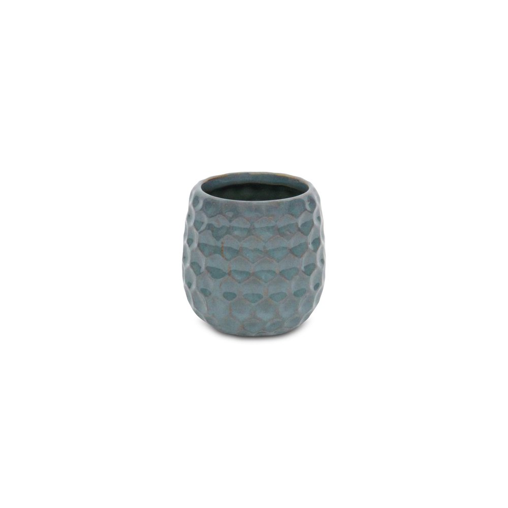 Blue And Gold Ceramic 20 Ounce Geometric Round Distressed Pot Planter on a white background