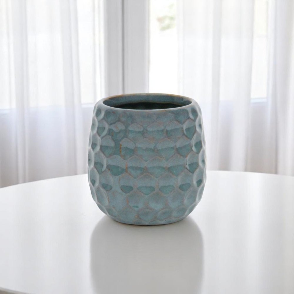 Blue And Gold Ceramic 20 Ounce Geometric Round Distressed Pot Planter on a white background