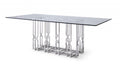 87" Clear And Silver Glass And Stainless Steel Pedestal Base Dining Table on a white background
