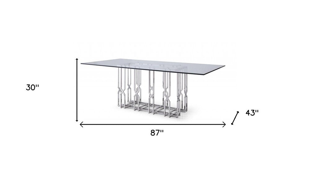 87" Clear And Silver Glass And Stainless Steel Pedestal Base Dining Table on a white background