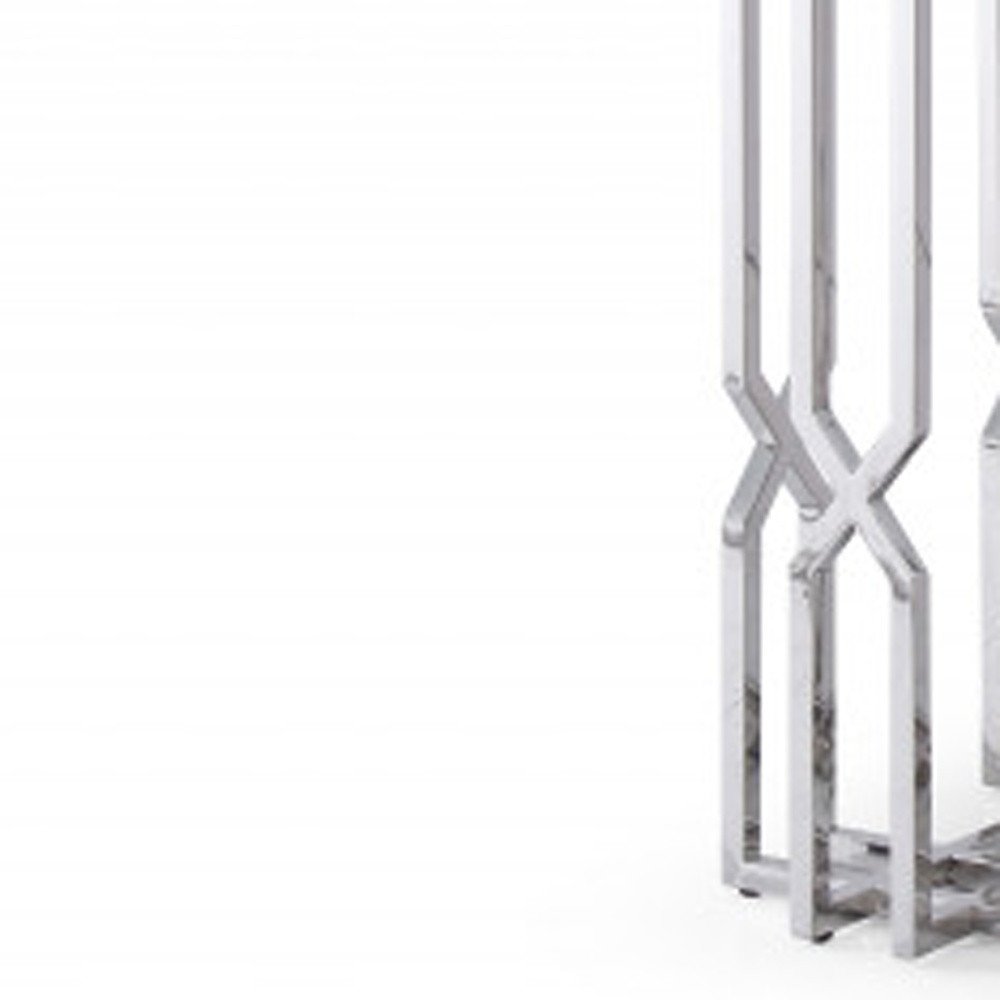 87" Clear And Silver Glass And Stainless Steel Pedestal Base Dining Table on a white background