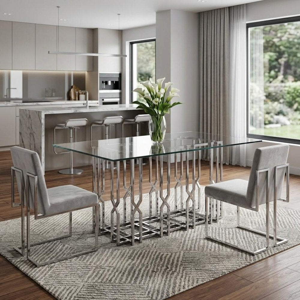 87" Clear And Silver Glass And Stainless Steel Pedestal Base Dining Table