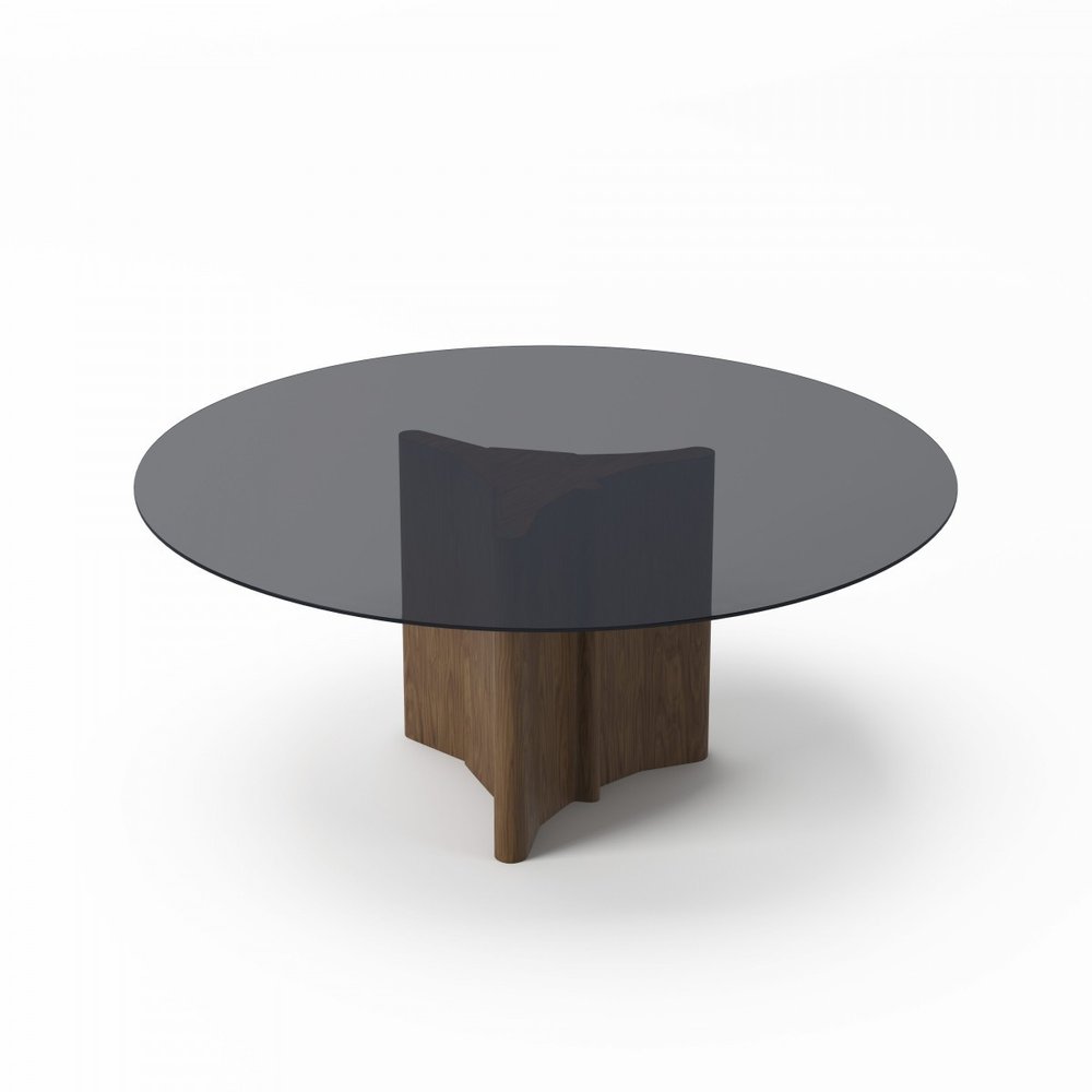 71" Smoky Black And Brown Rounded Glass And Solid Manufactured Wood Pedestal Base Dining Table on a white background