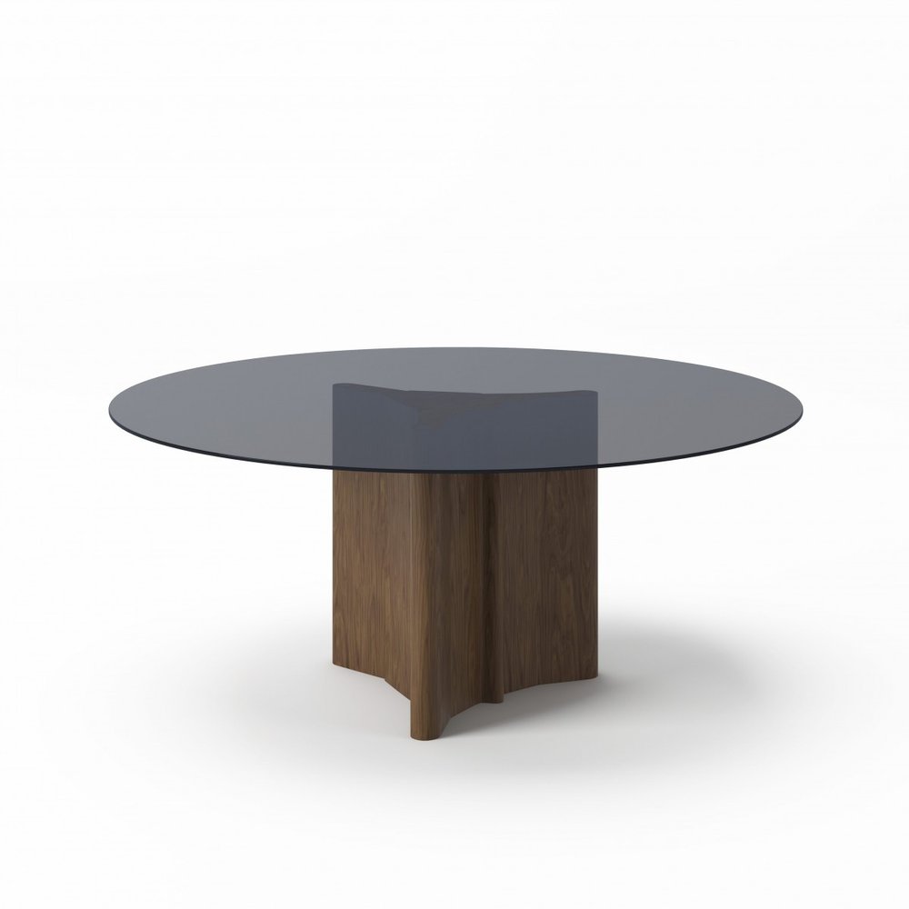71" Smoky Black And Brown Rounded Glass And Solid Manufactured Wood Pedestal Base Dining Table on a white background