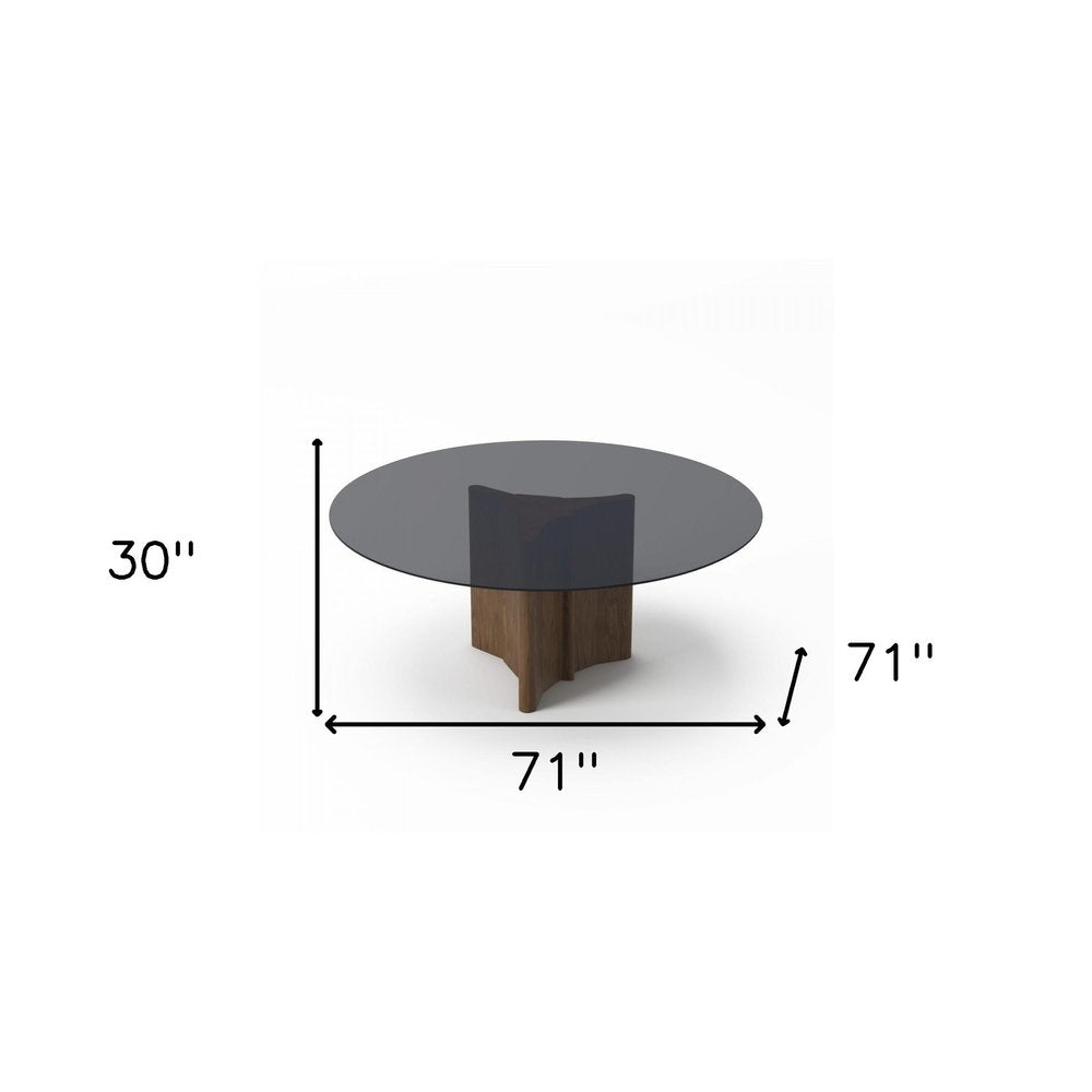 71" Smoky Black And Brown Rounded Glass And Solid Manufactured Wood Pedestal Base Dining Table on a white background