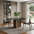 71" Smoky Black And Brown Rounded Glass And Solid Manufactured Wood Pedestal Base Dining Table