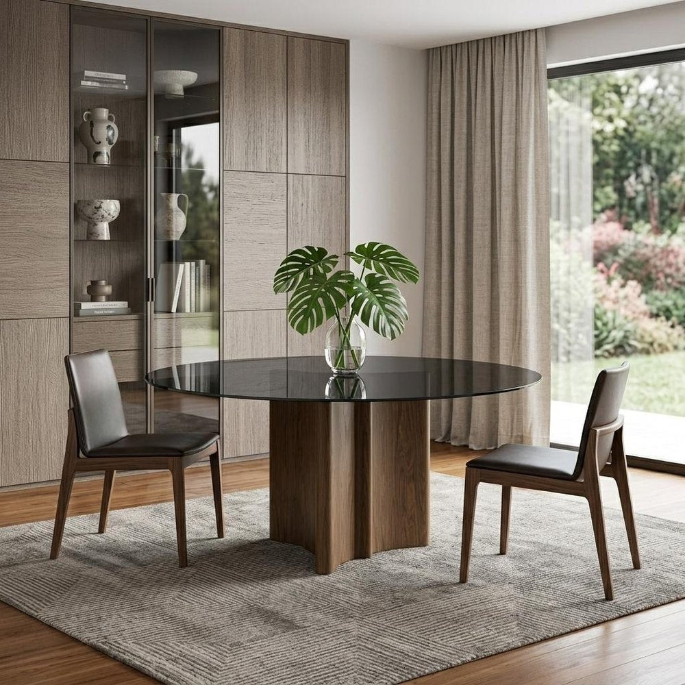 71" Smoky Black And Brown Rounded Glass And Solid Manufactured Wood Pedestal Base Dining Table