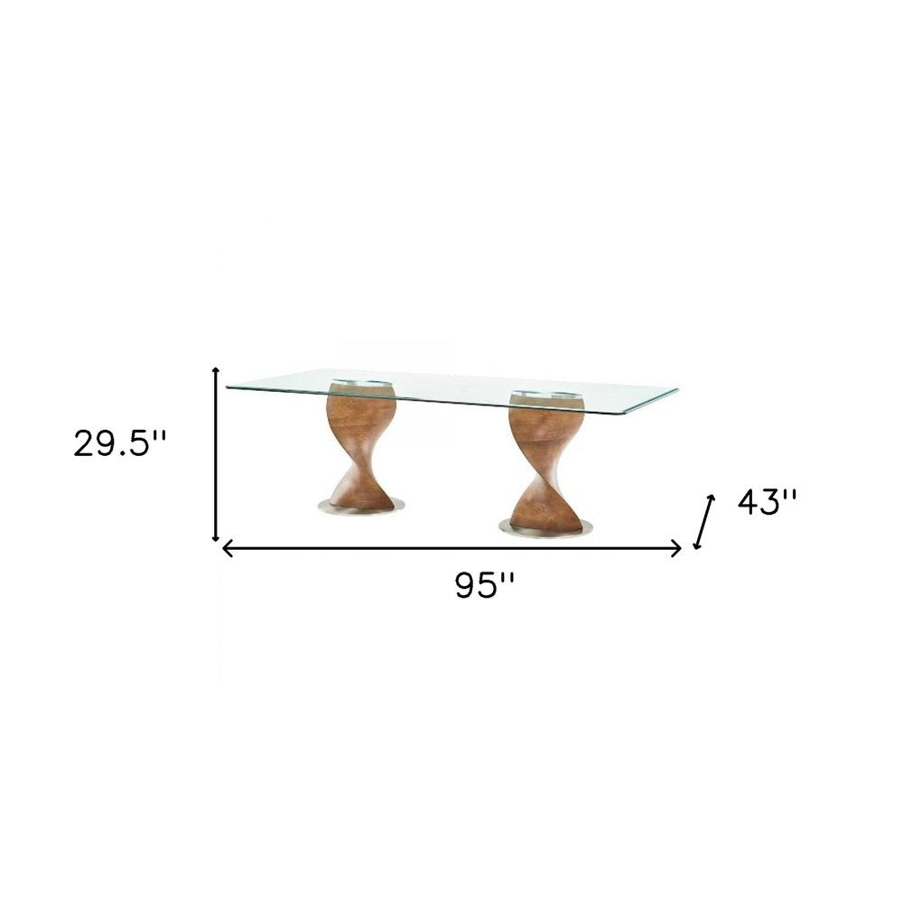 95" Clear And Brown Glass And Solid Wood Double Pedestal Base Dining Table on a white background