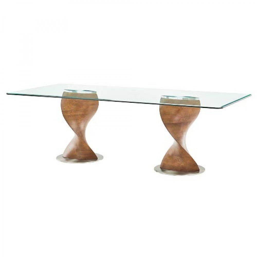 Rectangular glass dining table with two twisted brown solid wood pedestal bases on metal stands against a white background.