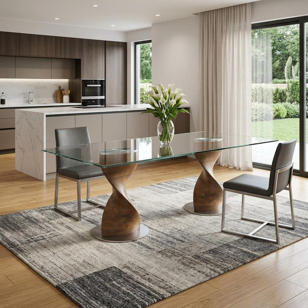 95" Clear And Brown Glass And Solid Wood Double Pedestal Base Dining Table