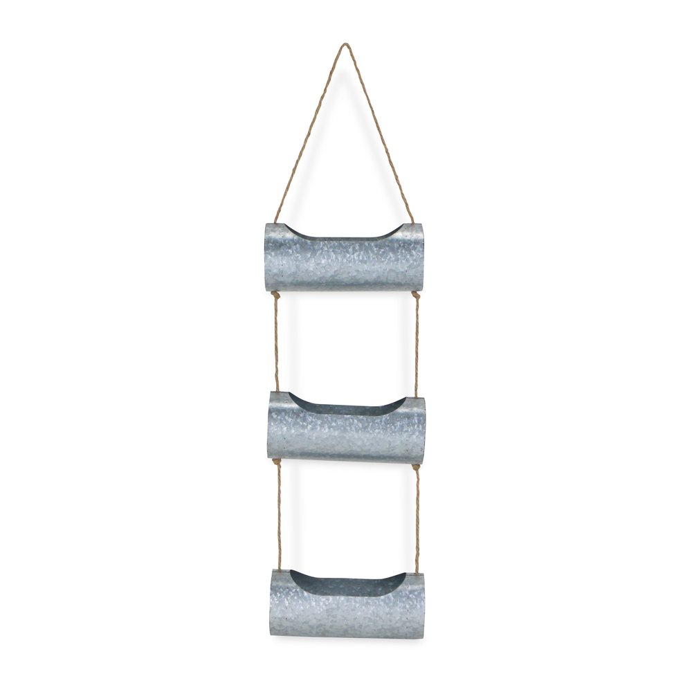 Silver Galvanized Metal Three Tier Hanging Planter on a white background