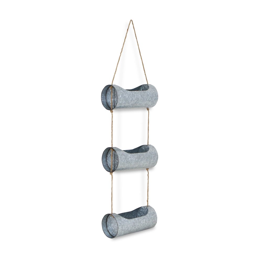 Silver Galvanized Metal Three Tier Hanging Planter on a white background
