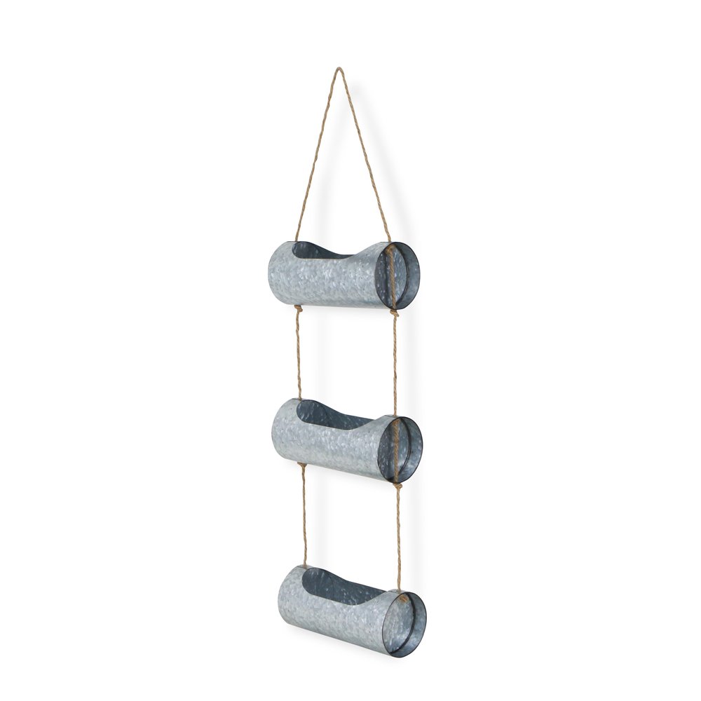 Silver Galvanized Metal Three Tier Hanging Planter on a white background