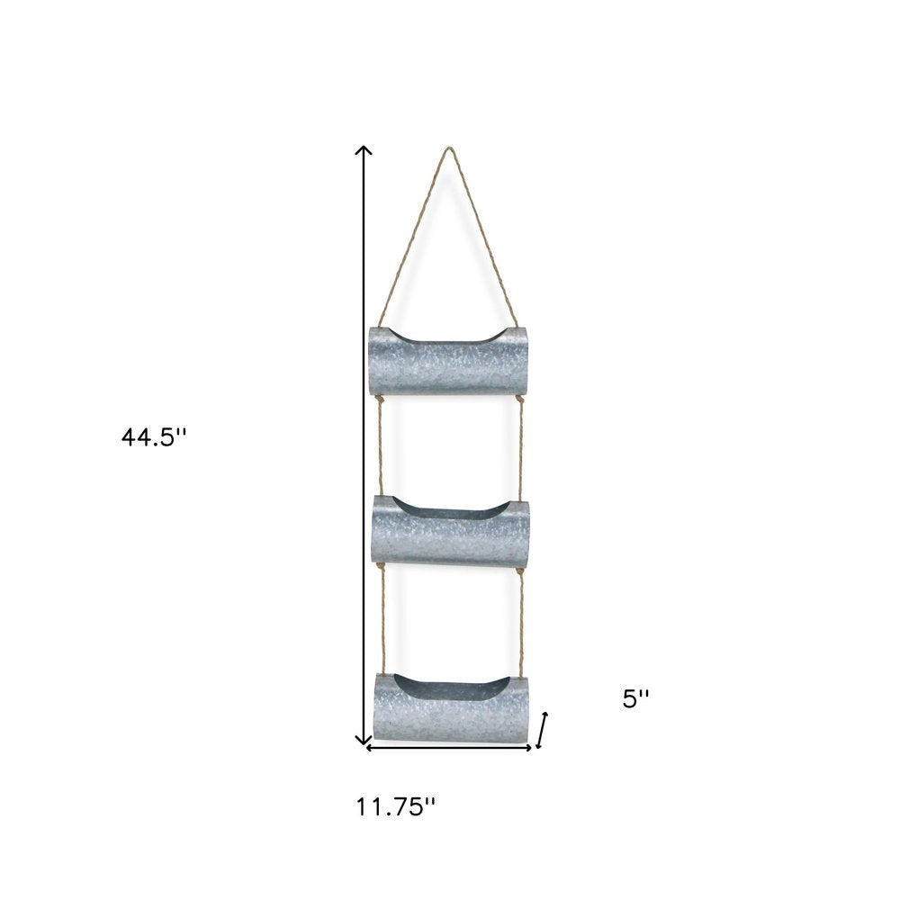 Silver Galvanized Metal Three Tier Hanging Planter on a white background