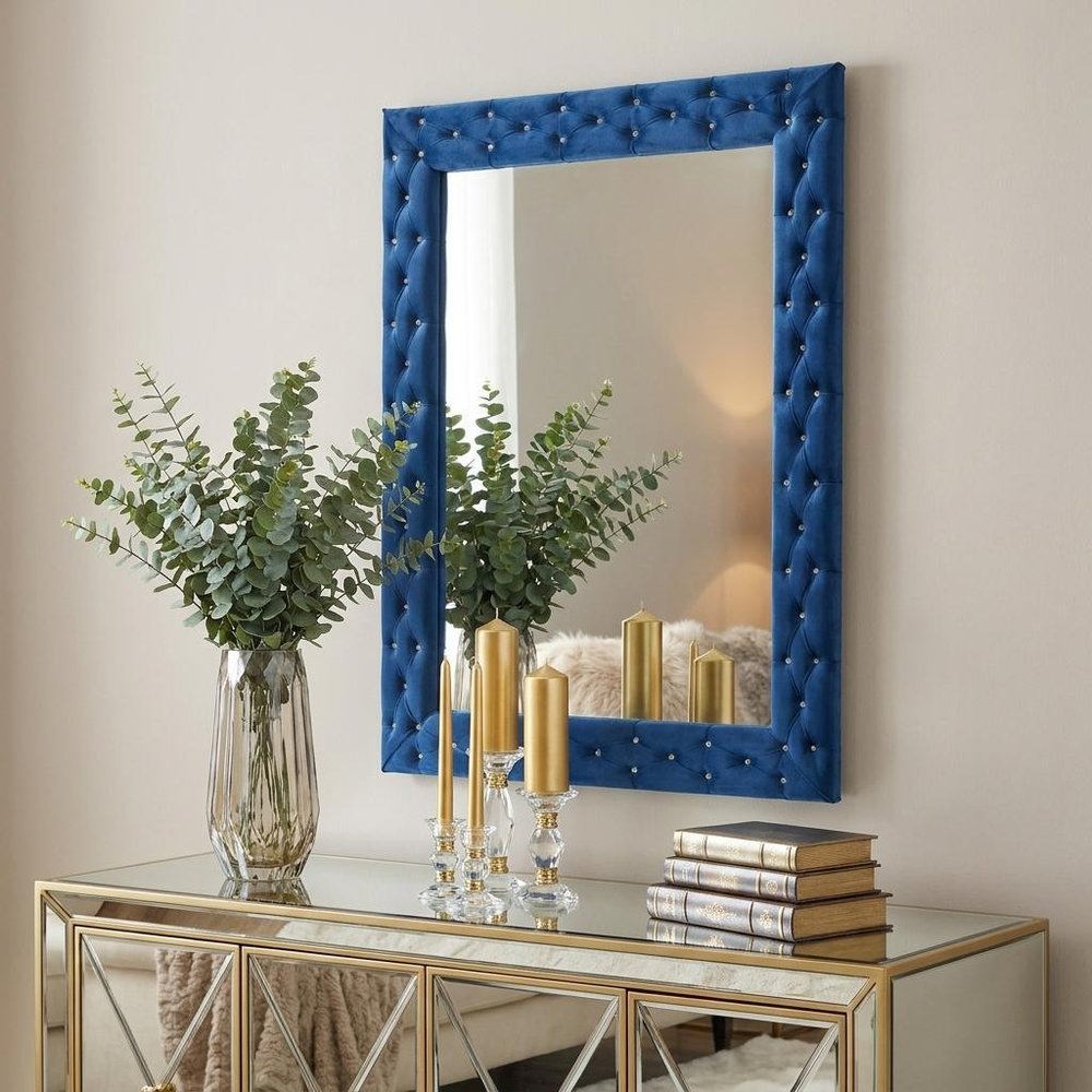 74" Blue Square Wood Framed Mounted Accent Mirror in a home interior