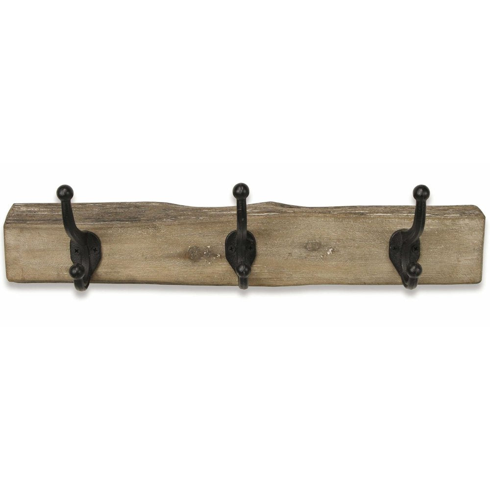 19" Brown Natural Rustic Live Edge Wood Three Hook Wall Mount Coat Rack. Coat hanger isolated on a plain white background, in a brown wood finish.