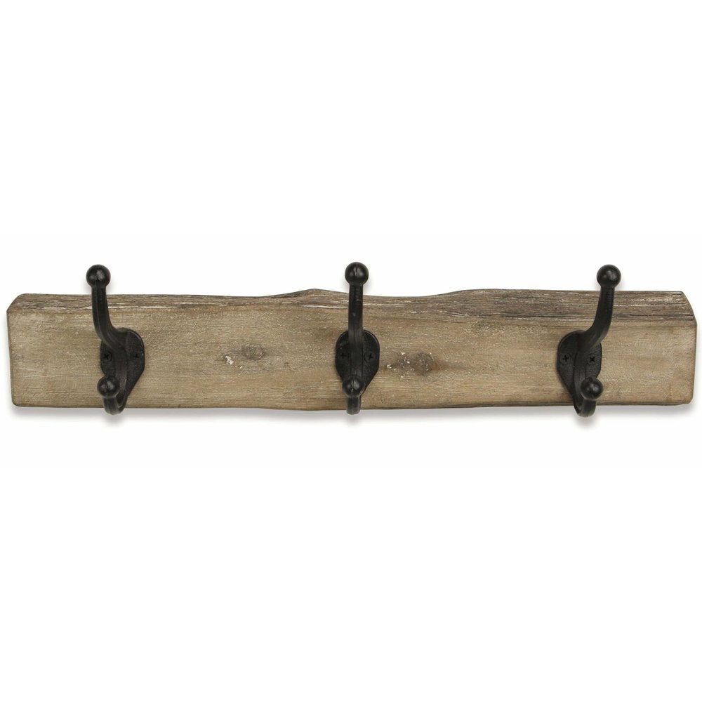 19" Brown Natural Rustic Live Edge Wood Three Hook Wall Mount Coat Rack. Coat hanger isolated on a plain white background, in a brown wood finish.