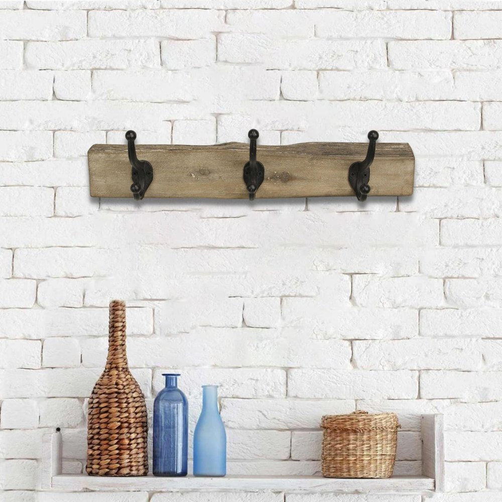 19" Brown Natural Rustic Live Edge Wood Three Hook Wall Mount Coat Rack. Coat hanger isolated on a plain white background, finished in brown wood.