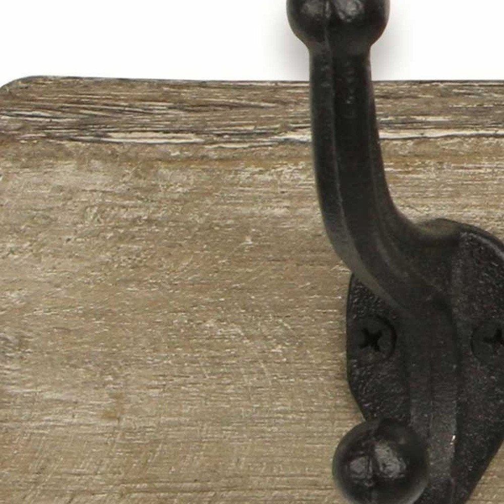19" Brown Natural Rustic Live Edge Wood Three Hook Wall Mount Coat Rack detail shot of the brown wood finish.
