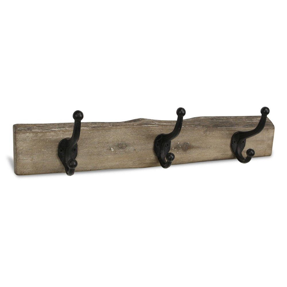 19" Brown Natural Rustic Live Edge Wood Three Hook Wall Mount Coat Rack. Coat hanger isolated on a plain white background, in a brown wood finish.