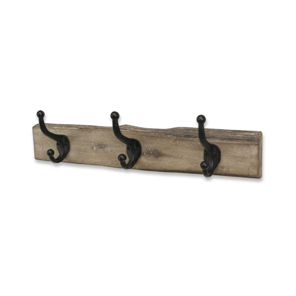 19" Brown Natural Rustic Live Edge Wood Three Hook Wall Mount Coat Rack. Coat hanger isolated on a plain white background, finished in brown wood.