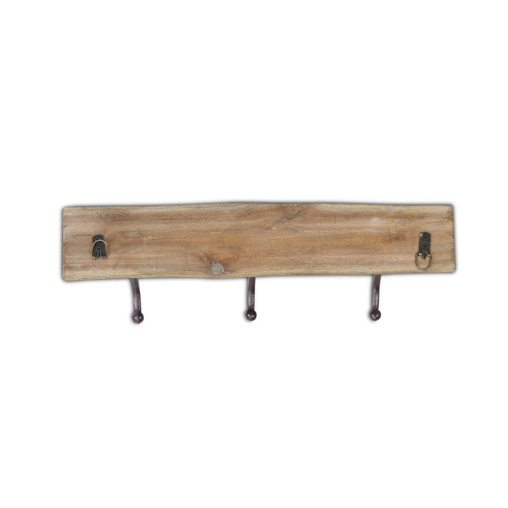 19" Brown Natural Rustic Live Edge Wood Three Hook Wall Mount Coat Rack. Coat hanger isolated on a plain white background, showing a brown wood surface.